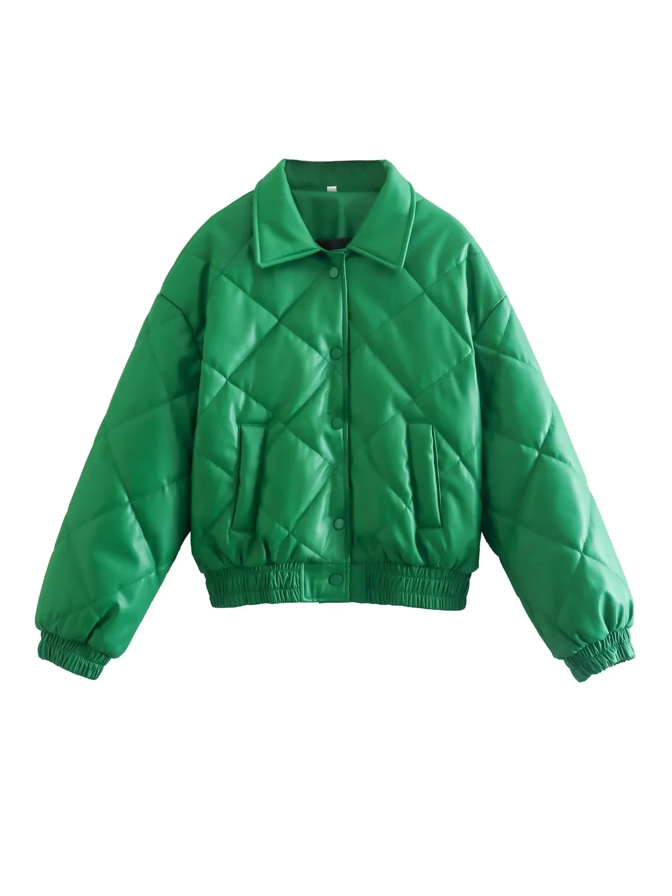 Autumn and Winter Women's Green PU Lapel Single-breasted Long-sleeved Cotton Jacket Warm Fashion Street Style