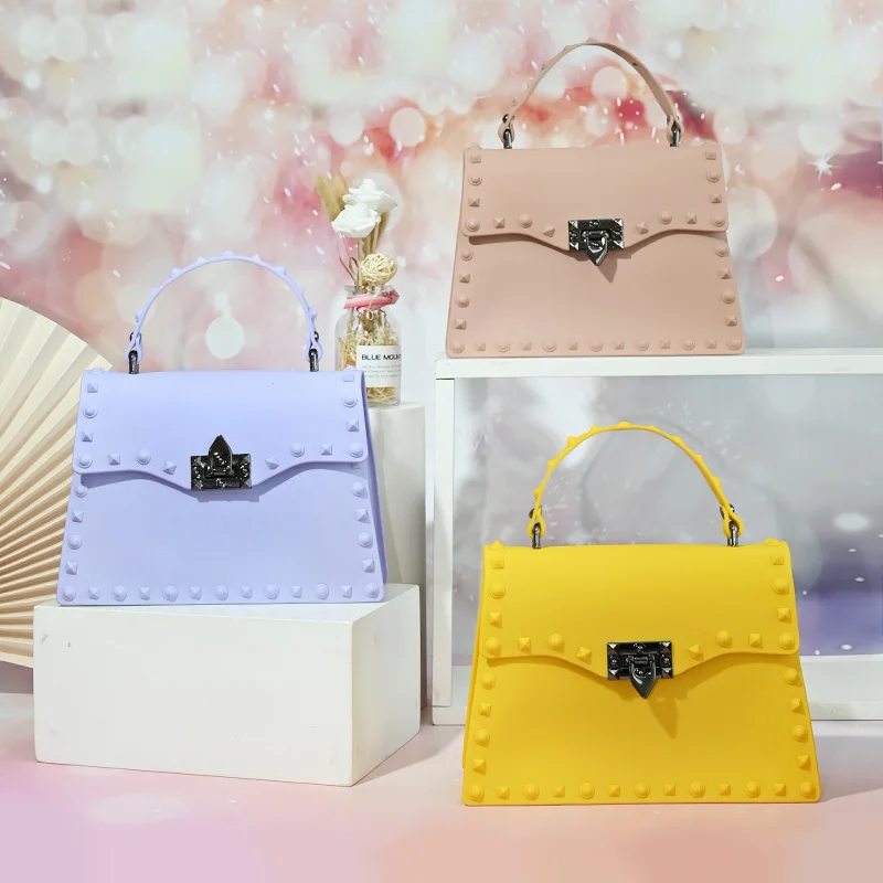 

Jelly Purse 2023 Summer PVC Rivet Jelly Crossbody Handbag And Purse Solid Color Candy Shoulder Jelly Bag For Women