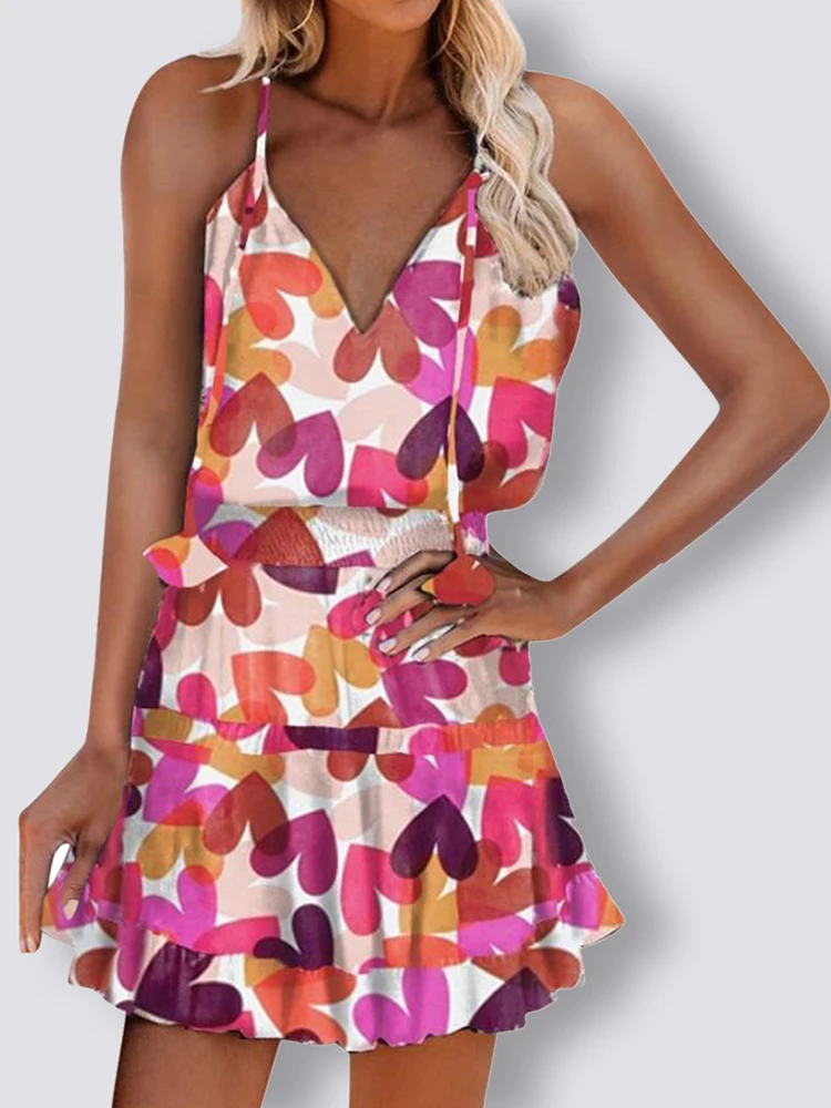 

Летнее повседневное мини-платье без рукавов с V-образным вырезом, женское винтажное платье с принтом и открытыми плечами в стиле бохо, Примо...