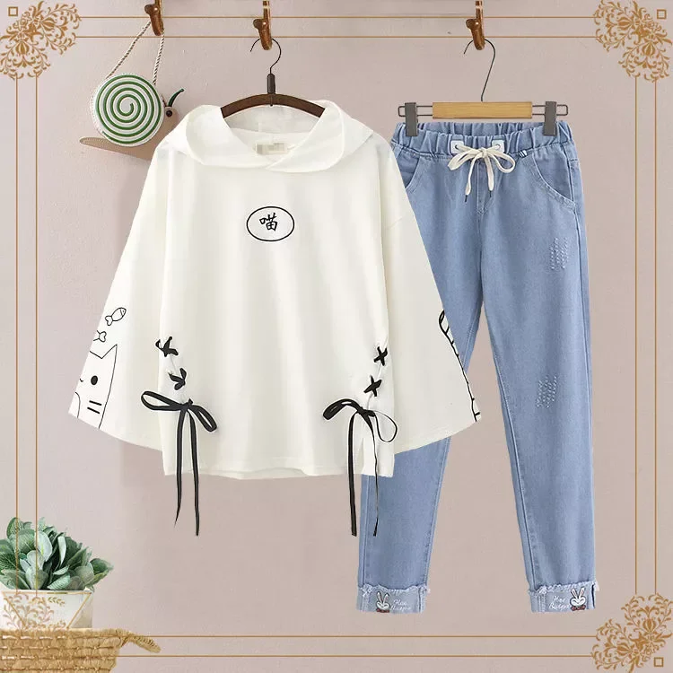 

2023New new students spring and summer women's suit Japanese girl hoodie jeans casual two-piece Harajuku embroidery y2k Stre