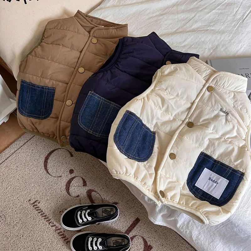 

Fashiona Simple Children's Cotton Vests 2023 Autumn Winter New Casual Solid Waistcoat Stand Collar Pocket Trendy Kid's Clothing