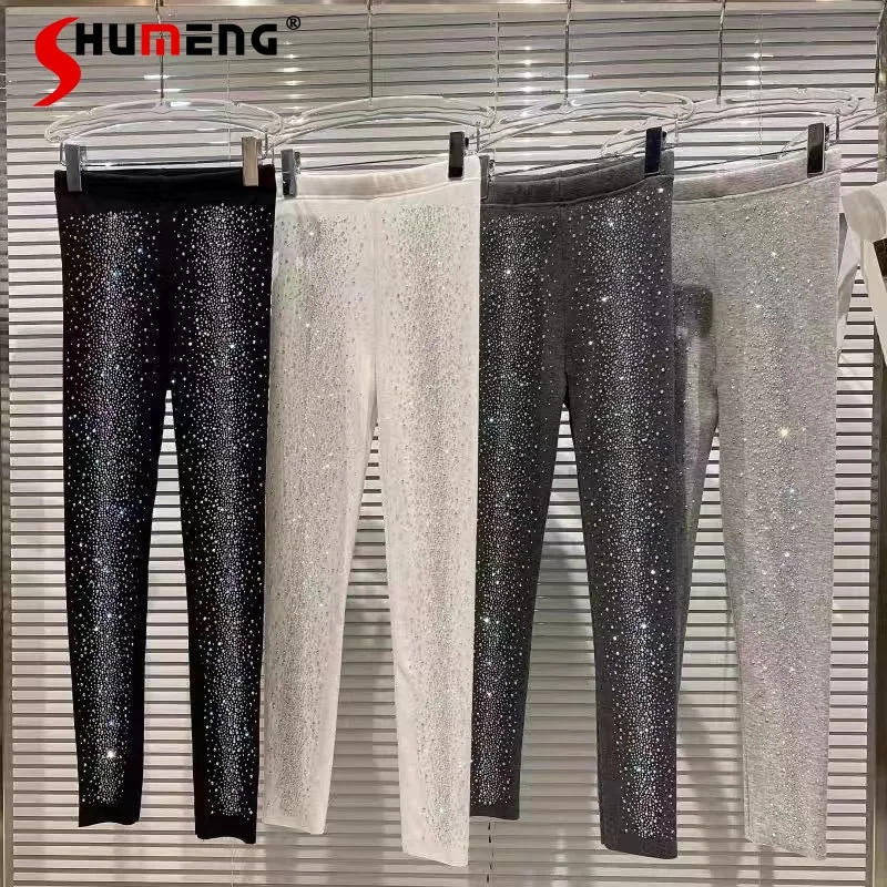 

Heavy Shiny Color Rhinestone Leggings Women Elastic Waist Slim Fleece-Lined Thick Black Leggings 2021 Winter Yoga Fitness Pants