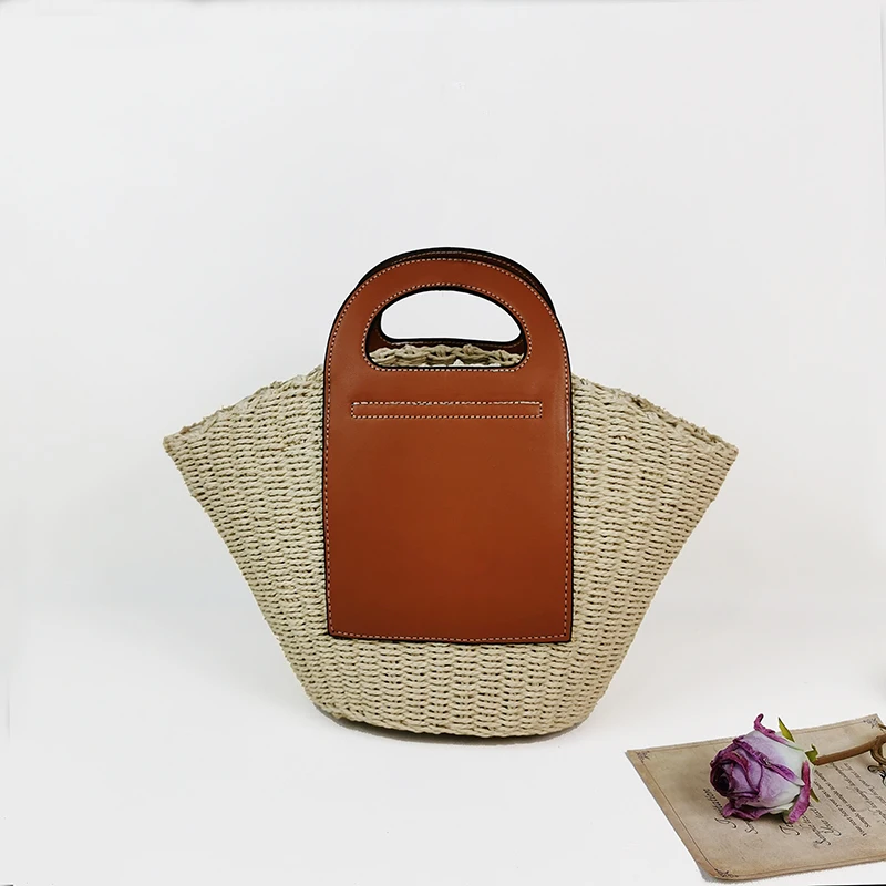 Large Capacity Straw Bag for Women Pu Leather Splice Summer Bali Travel Vacation Beach Tote Bag Bohemia Hand Woven Women's Bag