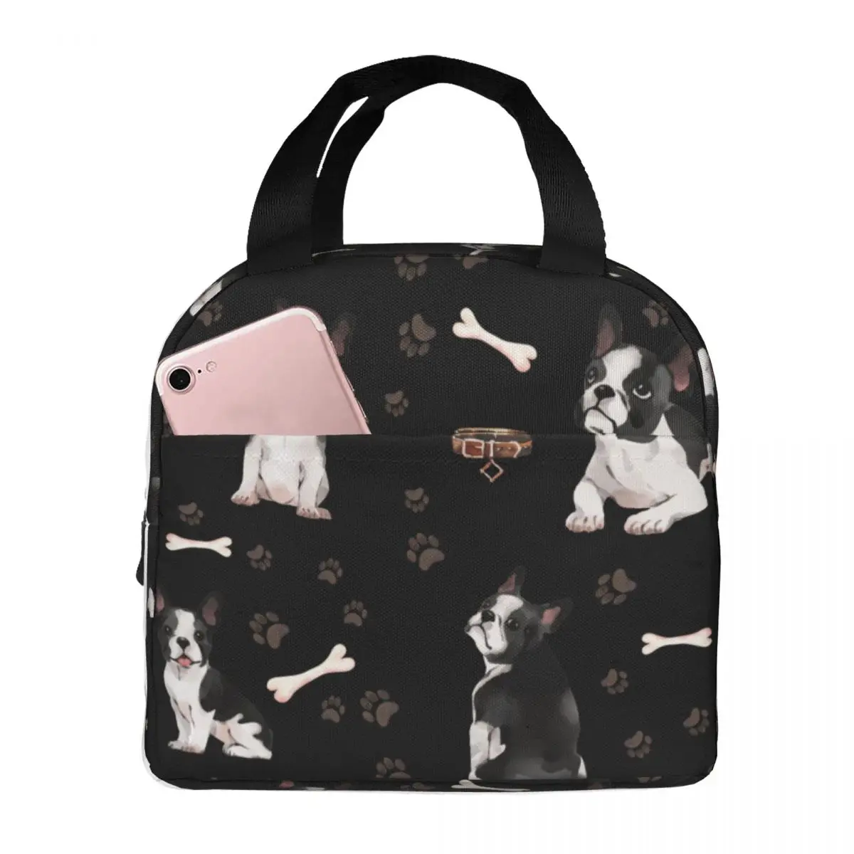 Cute Boston Terrier Dog Lunch Bag Portable Insulated Canvas Cooler Thermal Picnic Tote for Women Children