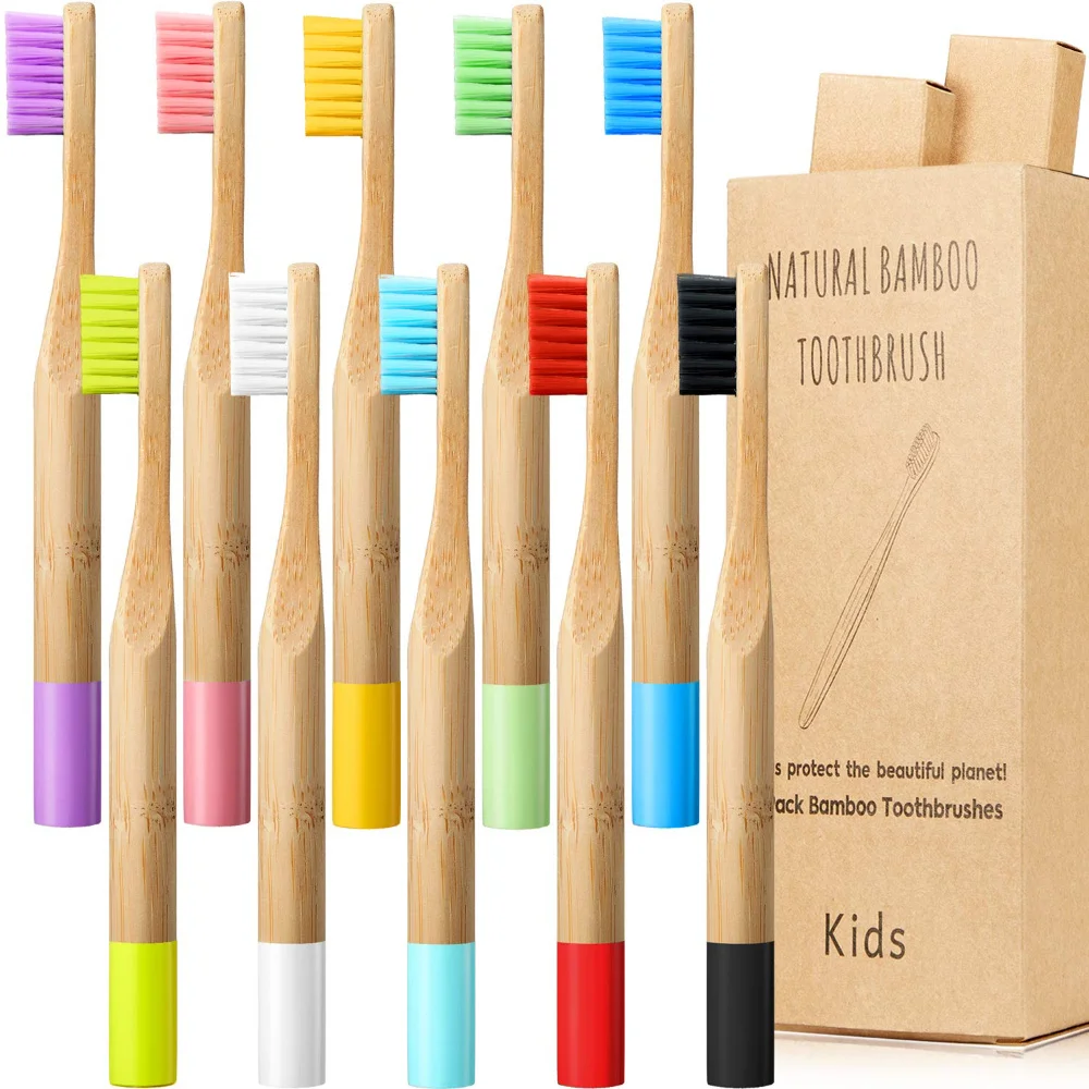 10 Pieces Kids Bamboo Toothbrush Natural Cylindrical Toothbrush Wooden Toothbrushes Toddlers Wood Organic Toothbrush BPA-Free