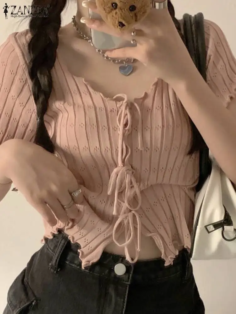 

Модная короткая футболка ZANZEA с круглым вырезом, вязаные футболки, женские элегантные хлопковые топы в рубчик, летние облегающие кардиганы с...