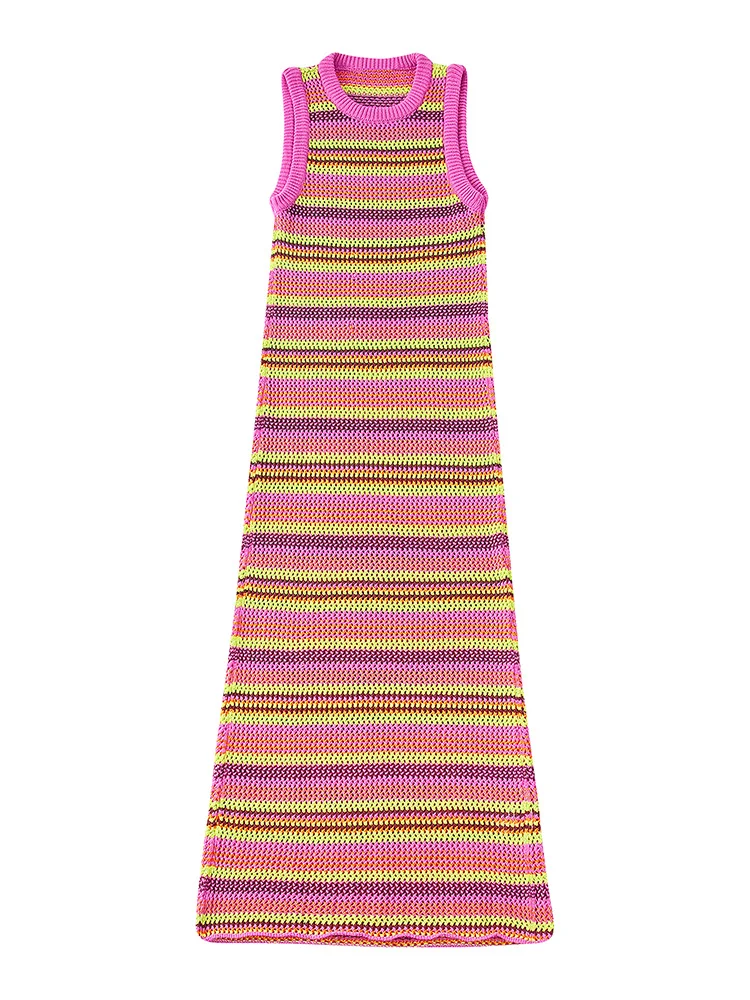 

Maxi Dresses For Women 2022 Vintage Colorful Striped Openwork Knitted Dress Woman Round Neck Sleeveless Long Casual Summer Dress