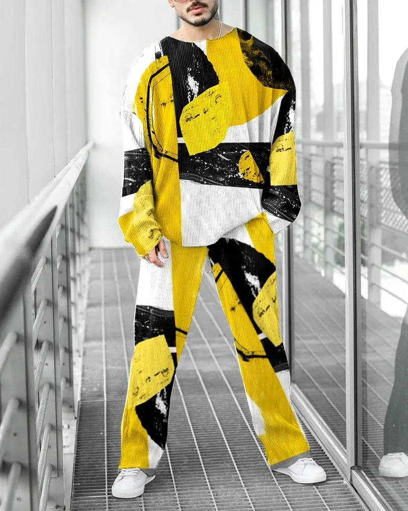 Men's Tracksuit Set Crew Neck Long Sleeve Sweater Sweatpants Two-piece Outfits Striped Color 3D Printed Sports Loose Casual Suit