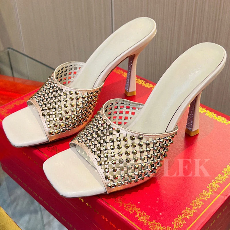 

Slippers Ladies Summer New Crystal Decor Unique Upper Design Walk Show High Heel Sandals Appear Thin Banquet Female Pumps