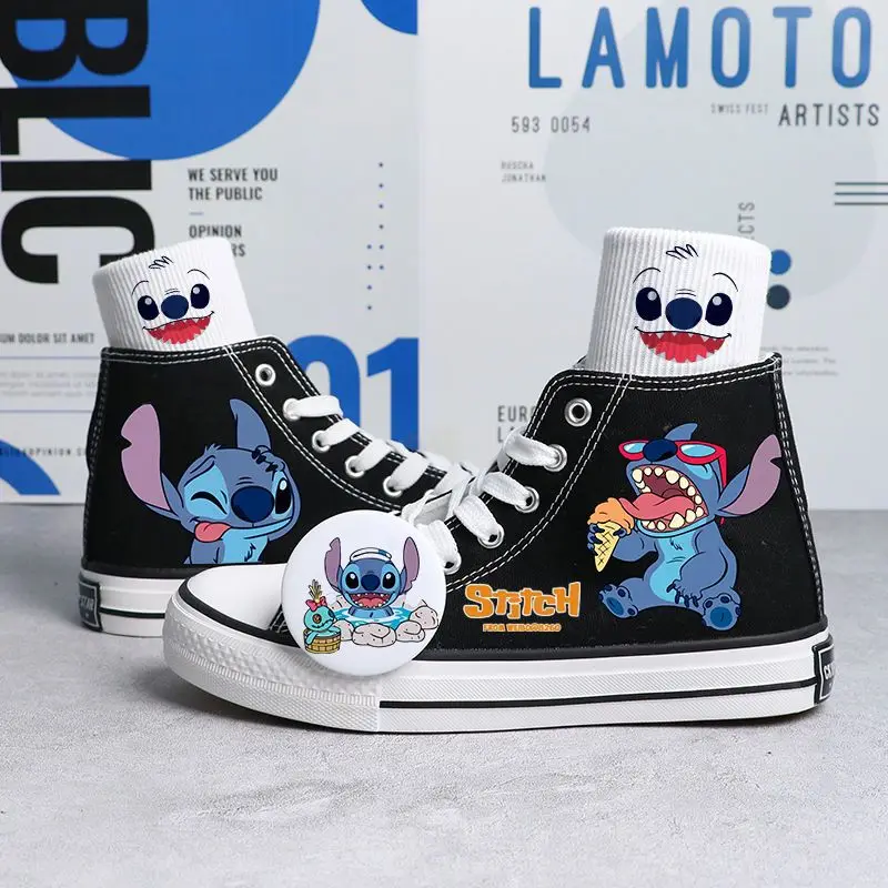 Disney New Real Photos Star Baby Stitch Hand-painted High-top Canvas Student Casual Large Children's Shoes Non-slip Sports Shoes