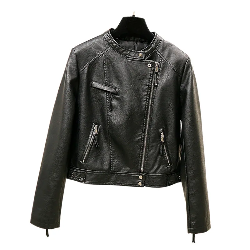 2023 autumn clothes women's stand-up leather coat small coat slim motorcycle short leather jacket
