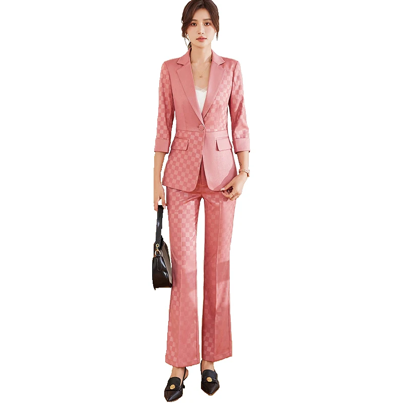 

Fashion Lady Blazer And Pant Suit Black Pink Plaid Women Single Button Jacket With Trouser Business Work Wear Formal 2 Piece Set