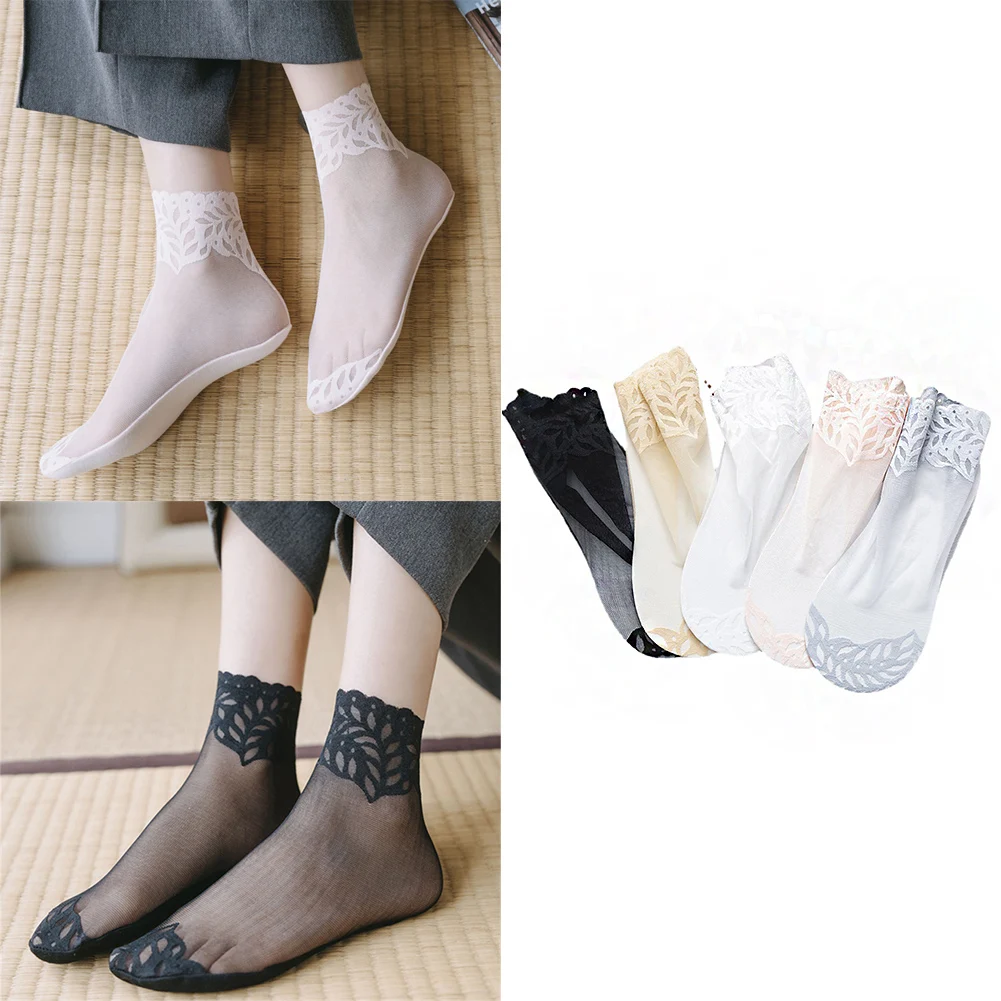 

1Pairs Summer Skin Color Transparent Thin Women Crystal Silk Socks Nylon Fashion Ladies Female Short Ankle Silk Socks Lace Socks