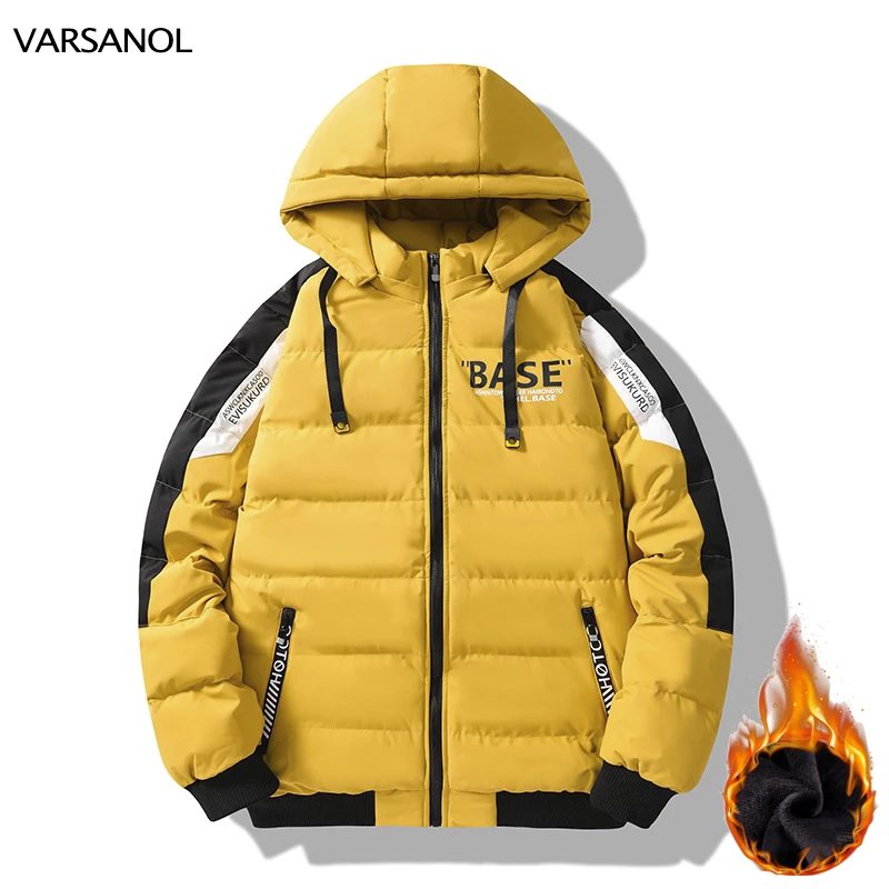 VARSANOL Winter Men's Parkas Jacket Hooded Fleece Polyester Jackets Coats Men Fashion Print Letter Outwear Clothes Oversized New