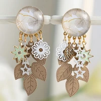 bohemia style real gold%c2%a0plated khaki stud earring glass tassels leaves drop earrings fashion weddings party gift