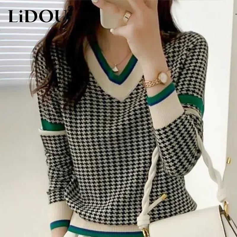 

Autumn Winter V-neck Houndstooth Casual Fashion Sweater Ladies Simple All-match Knitting Jumper Top Women Loose Pullover Outwear