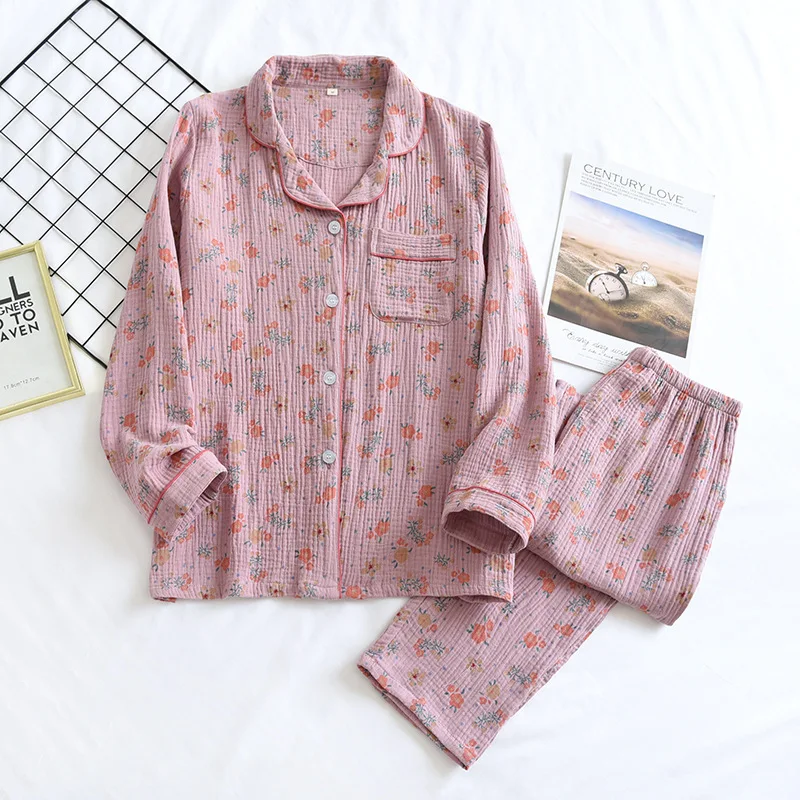 Women Pajamas Set Crepe Cotton Pyjamas Set 2 Pieces Set Sleepwear For Spring and Summer Turn-Down Collar Floral Print Homewear