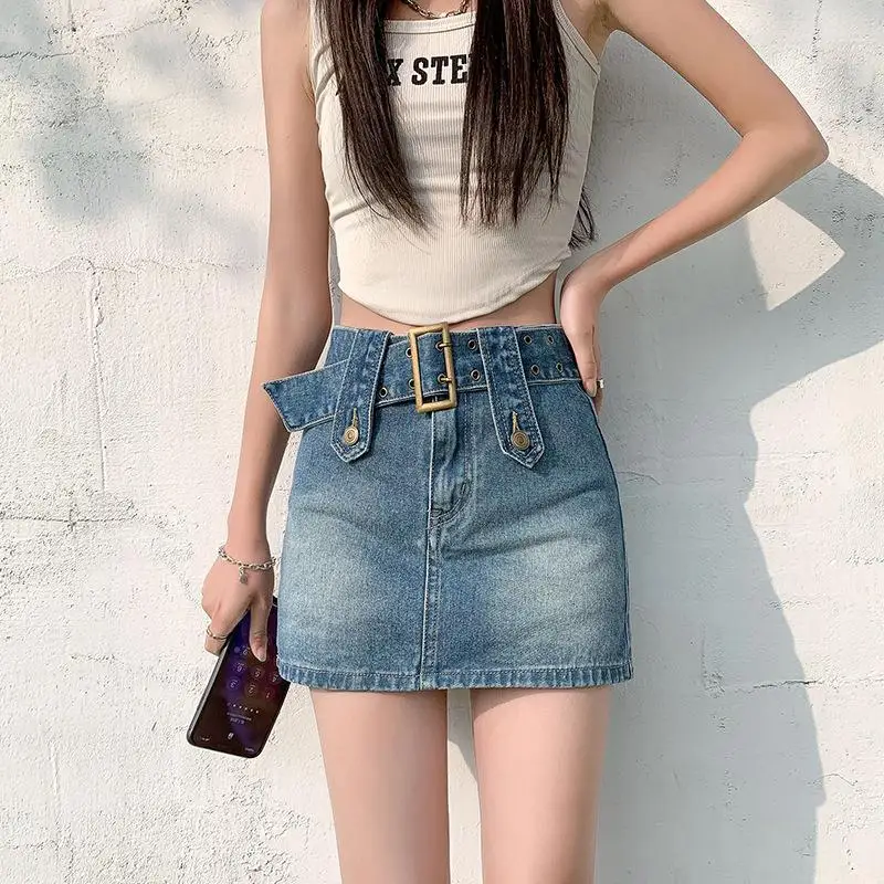 

2023 Summer Sexy Spice Girl Denim Short Skirt Women A-line Lined Anti glare Skirt High Waist Slim Fit Womens Jean skirts