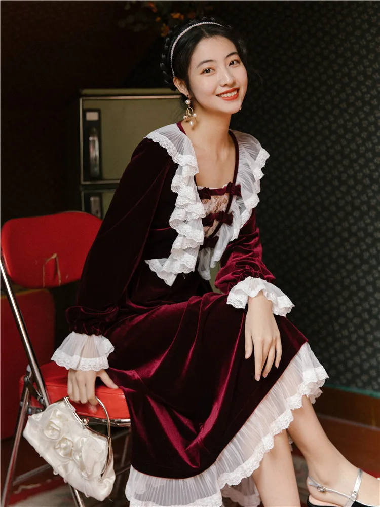 

Vintage Burgundy Velvet Dress With Lace Retro Bow Square Collar Petal Sleeve Women Dresses For Party Dinner Night Vestido Festa