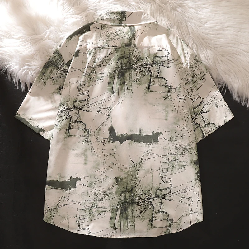 Chinese Sle Artistic Graffiti Short sleeve Shirts Women 2024 New Fashion Brand Loose Casual Couple Drape Half Sleeve Shirt |