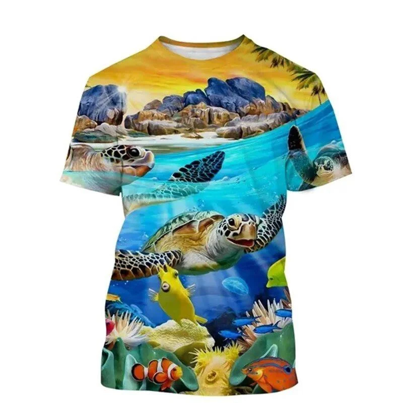 Underwater World Animal T-shirt Men's Clothing 3D Print Funny Sea Tortoise T Shirts Casual Harajuku Outdoor Trend Round Neck Tee