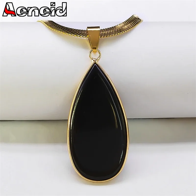 

Fashion Kpop Water Drop Black Obsidian Necklace Stainless Steel Geometric Pendant Choker Clavicle Snake Chain Necklaces Jewelry