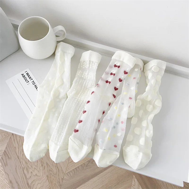 Прозрачные шелковые носки для женщин, летние ультратонкие прозрачные нейлоновые длинные носки JK в японском стиле, милые белые носки в горош...
