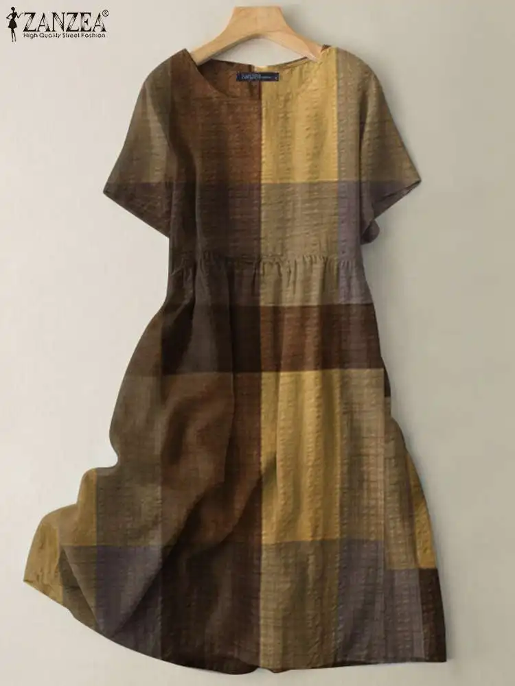 

Платье ZANZEA женское средней длины с коротким рукавом, плиссированное повседневное винтажное клетчатое платье с боковыми карманами, свободн...