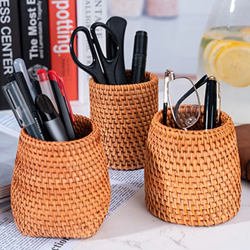 

1PC Large Capacity Tableware Storage Pen Container Storage Bucket Hand-woven Rattan Tea Ceremony Accessories Non-toxic Odorless