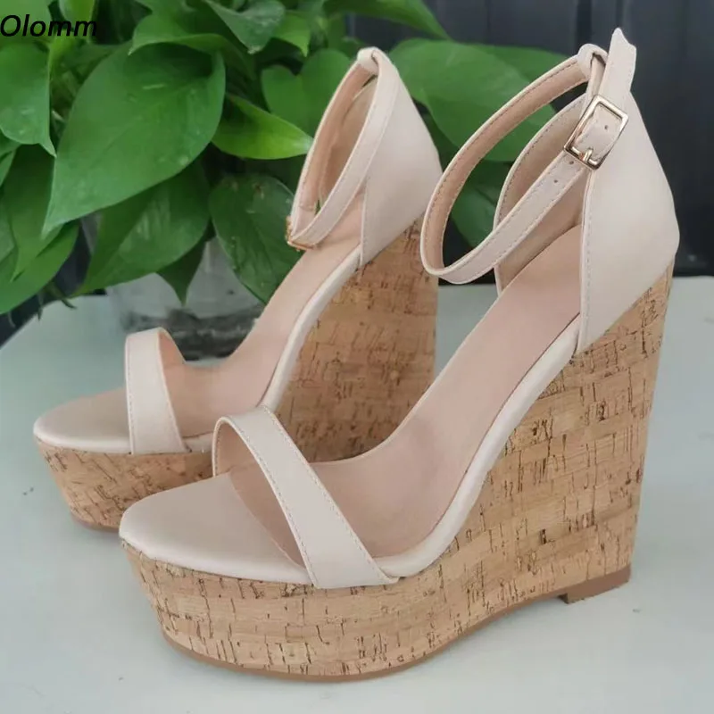 

Olomm Handmade Women Platform Sandals Cork Wedges High Heels Sandals Open Toe Pretty Beige Casual Shoes Ladies US Plus Size 5-20