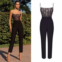 women black lace patchwork jumpsuits 2022 new women summer casual sleeveless square collar slim lace jumpsuits