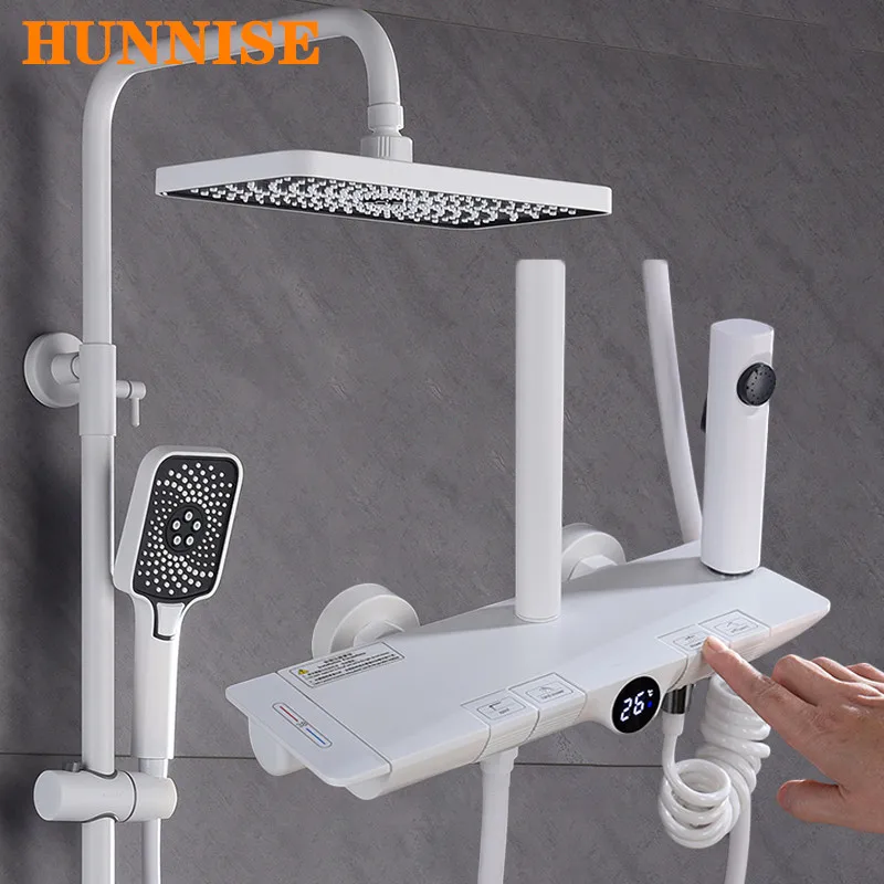 

White Thermostatic Piano Shower Set 12 Inch Rainfall Shower Head Solid Brass Bathtub Mixer Faucet Hot Cold Digital Shower System