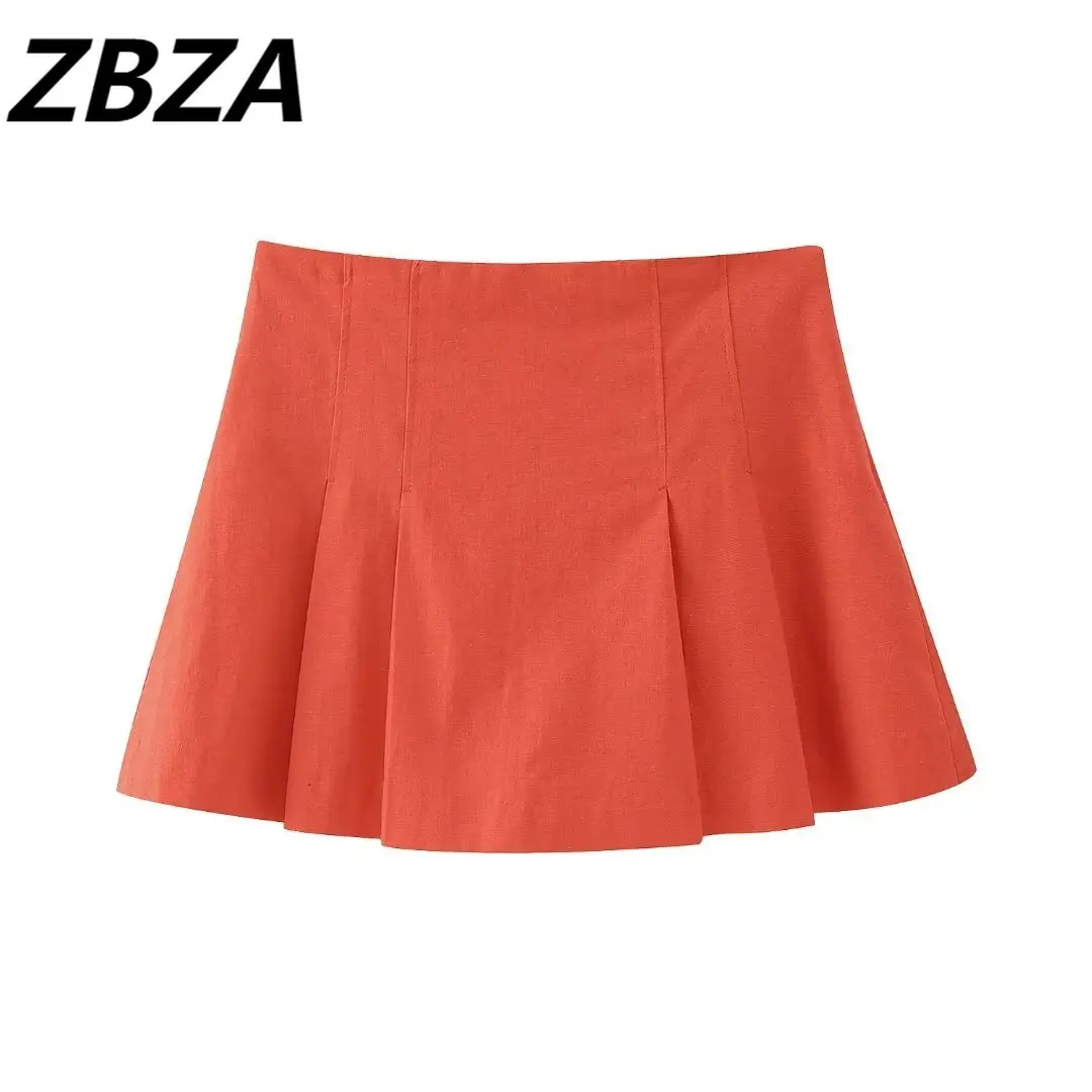 

Women 2023 New Fashion Chic Flax Blended Wide Pleat Mini Culottes Vintage High Waist Side Pocket Zipper Female Skorts Mujer
