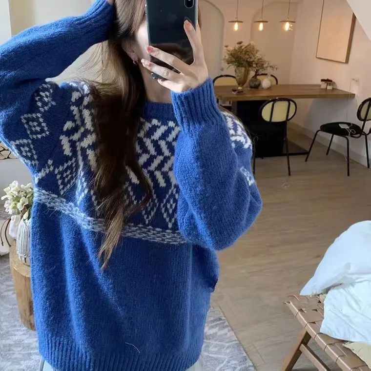 

Ader Sweater Women Autumn And Winter Warm Fashion Vintage Jacquard Couple Knitwear Blue Loose Men And Women Pullover Sweater