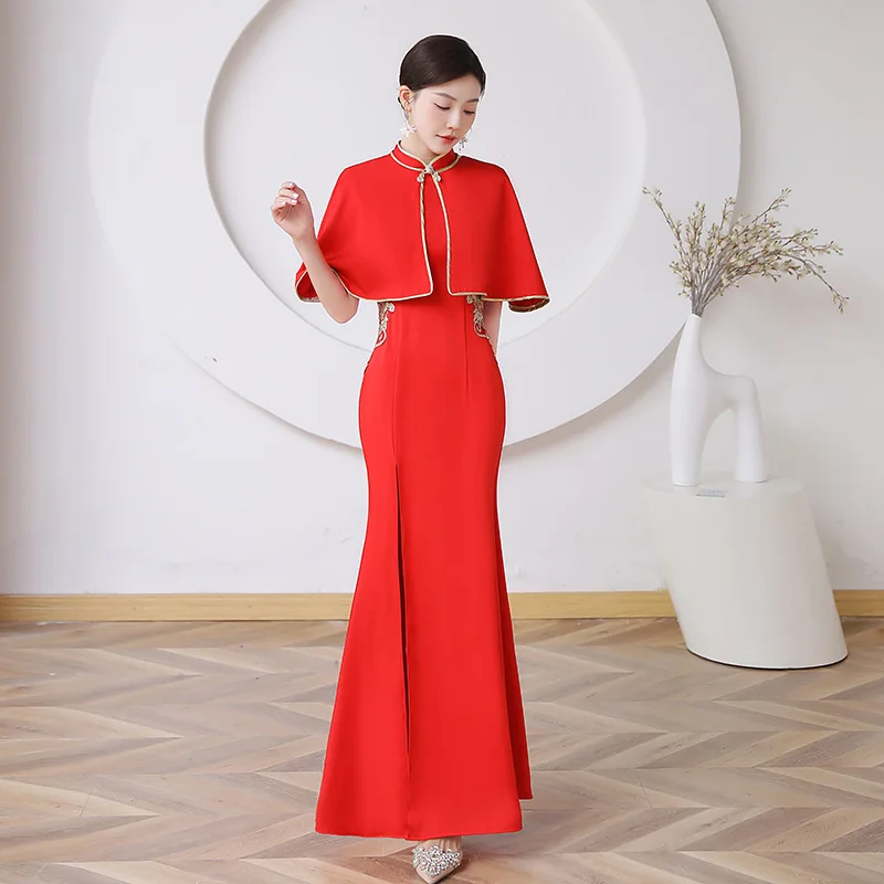 Red Satin Flower Qipao Mandarin Collar Chinese Party Dress Gown Women Sexy High Split Cheongsam Oversize 5XL Classic Vestidos