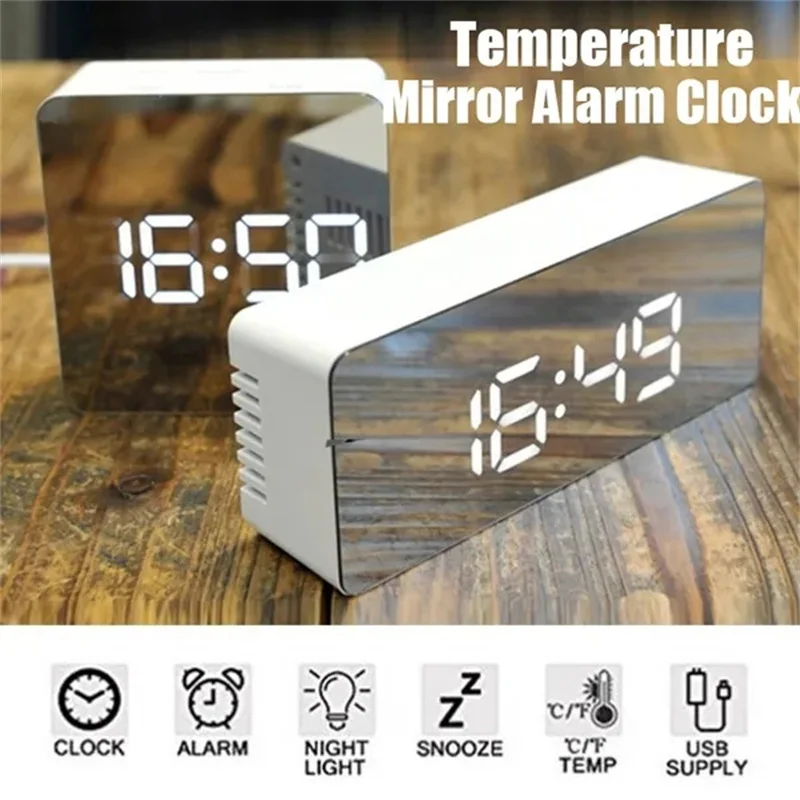 

Digital Alarm Clock LED Mirror Alarm Clock with Dimmer Snooze Temperature Function for Bedroom Office Travel Battery USB Powered