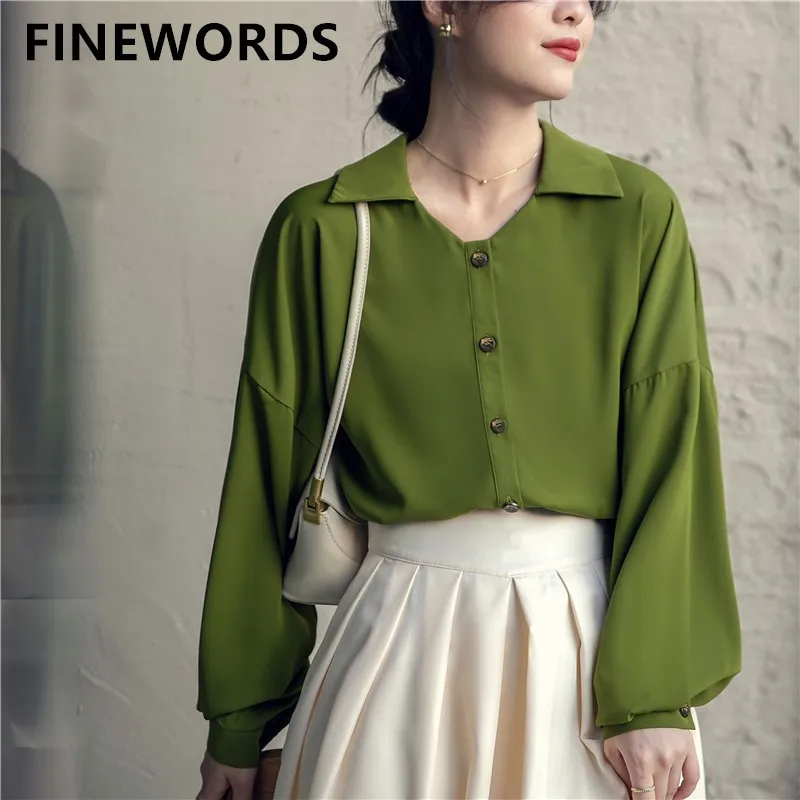 

FINEWORDS Long Sleeve Korean Green Chiffon Blouse Women Casual Harajuku Loose Office Blouses Retro Elegant OL Lapel Work Shirt