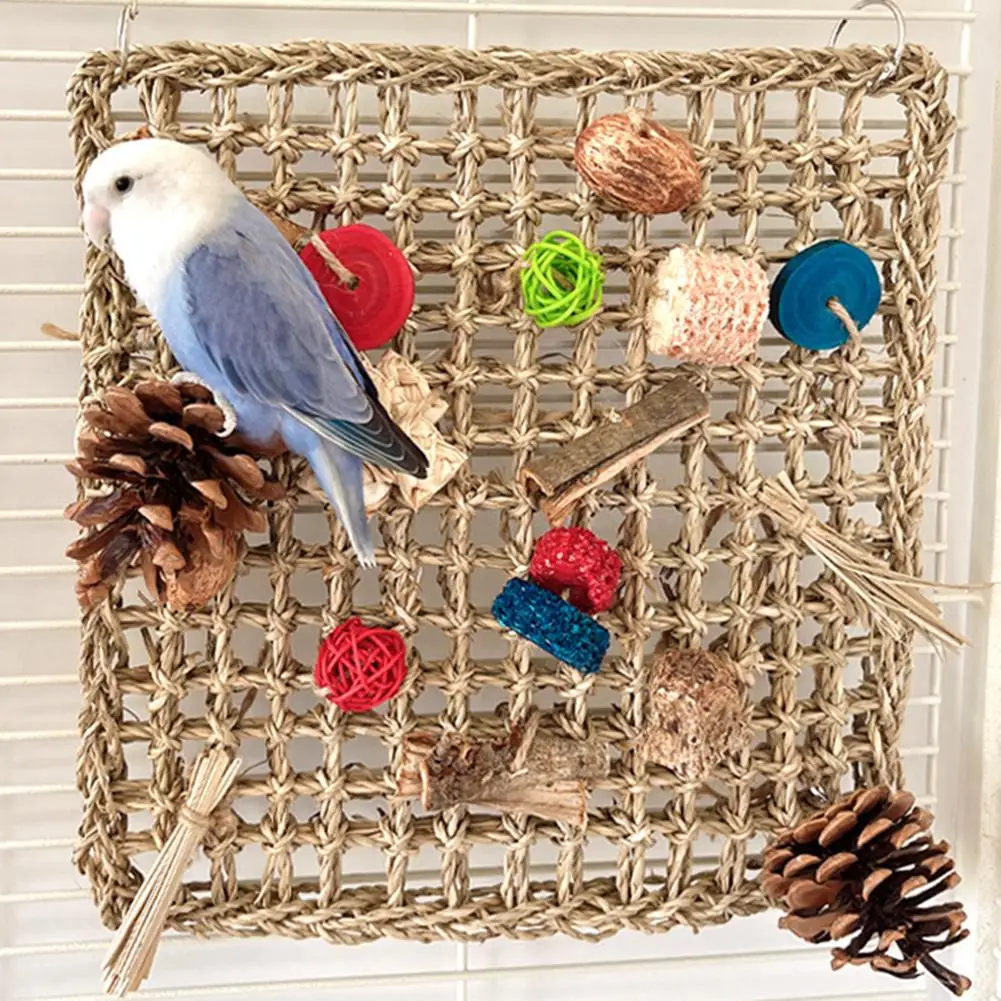 

Bird Toys Parrot Activity Wall Toys With Colorful Chewing Toys Handmade Natural Grass Woven Mat Pet Accessories