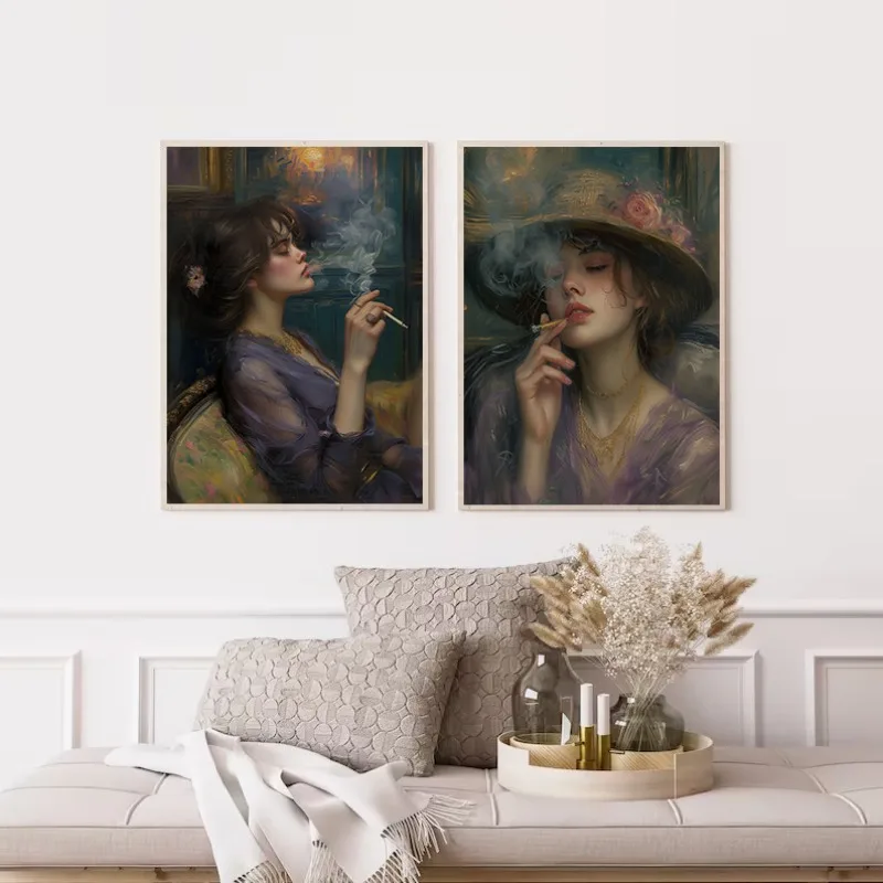 Винтажная Женская Картина на холсте с рисунком птиц и сигарет