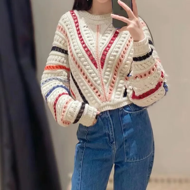 

Autumn new retro rainbow striped hollow round neck soft waxy sweater sweet bat sleeve knitted sweater top vintage