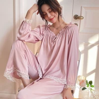 2022 spring summer fashion womens casual lace bandage sleepwear nightgow silk loose grace pajamas set with pants