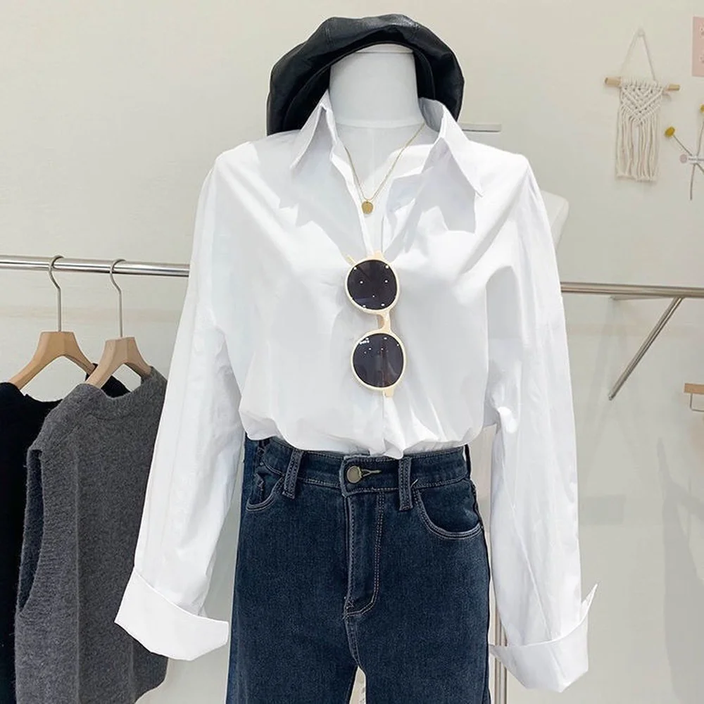 

Women Blouses Office Lady Oversize Pink White Blue Long Sleeve Tops 2022 Spring Korean Fashion Plus Size 5XL Button Up Shirt