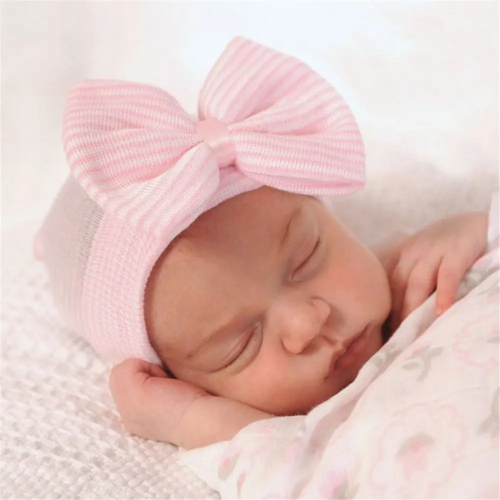 

Newborn Baby Hat Toddler Baby Warm Hats Cotton Striped Caps Soft Hospital Pink White Boys Girls Bow Beanies for New Born