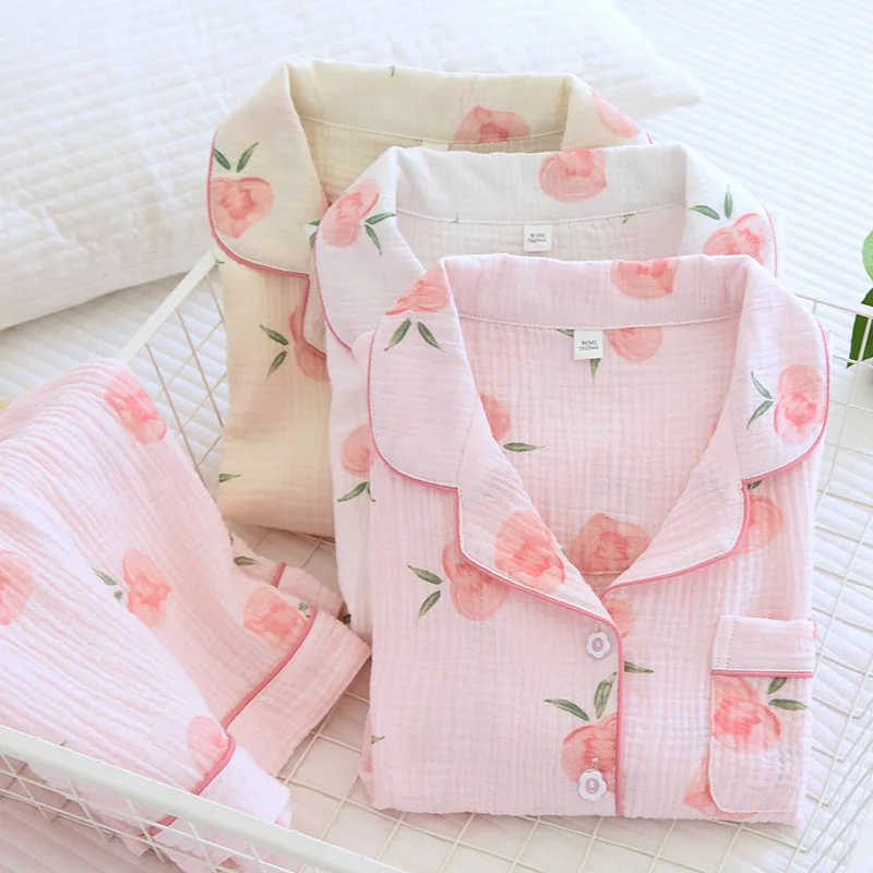 Sweet Summer Crepe Cotton Pajama Set For Women Sleepwear Soft Pyjamas Short Sleeve Homewear Nightwear For Ladies