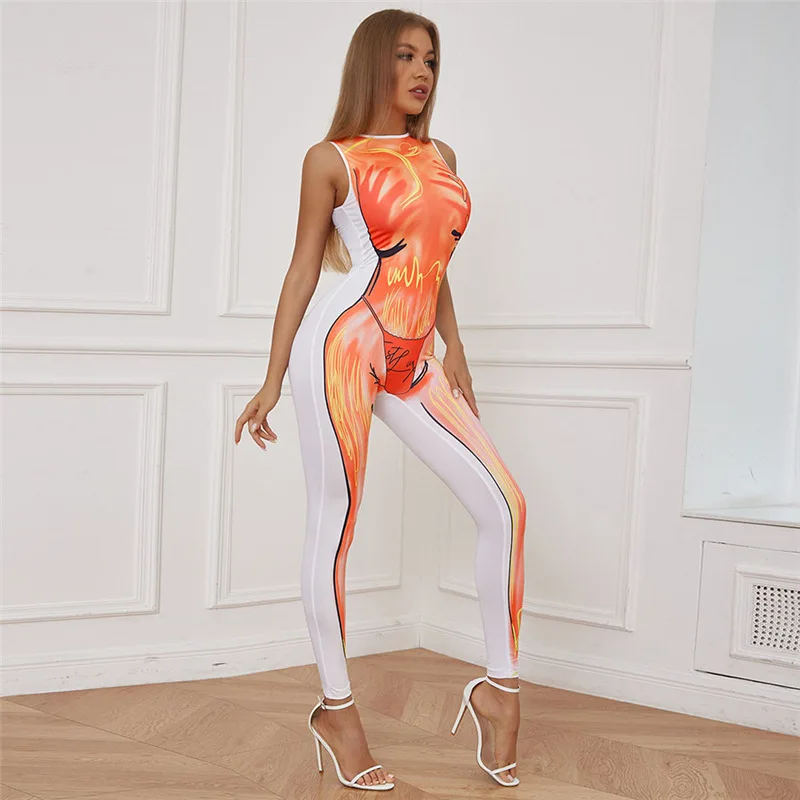 FTS Fashion Summer Slim Fit Female Clothing Print Round Neck Sleeveless High Waist Women Rompers One Piece Jumpsuit