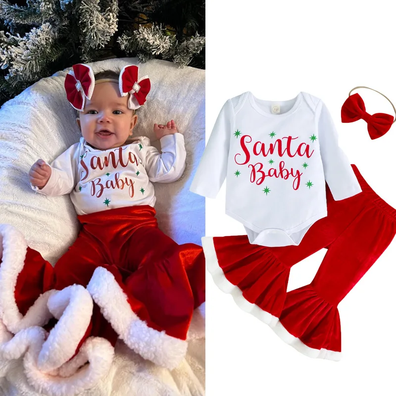 

1-3Y 3pcs Chirldren Set Infant Toddler Baby Girl Clothes Christmas Santa Costume Long Sleeve Fluffy Romper+Velvet Flare Pants