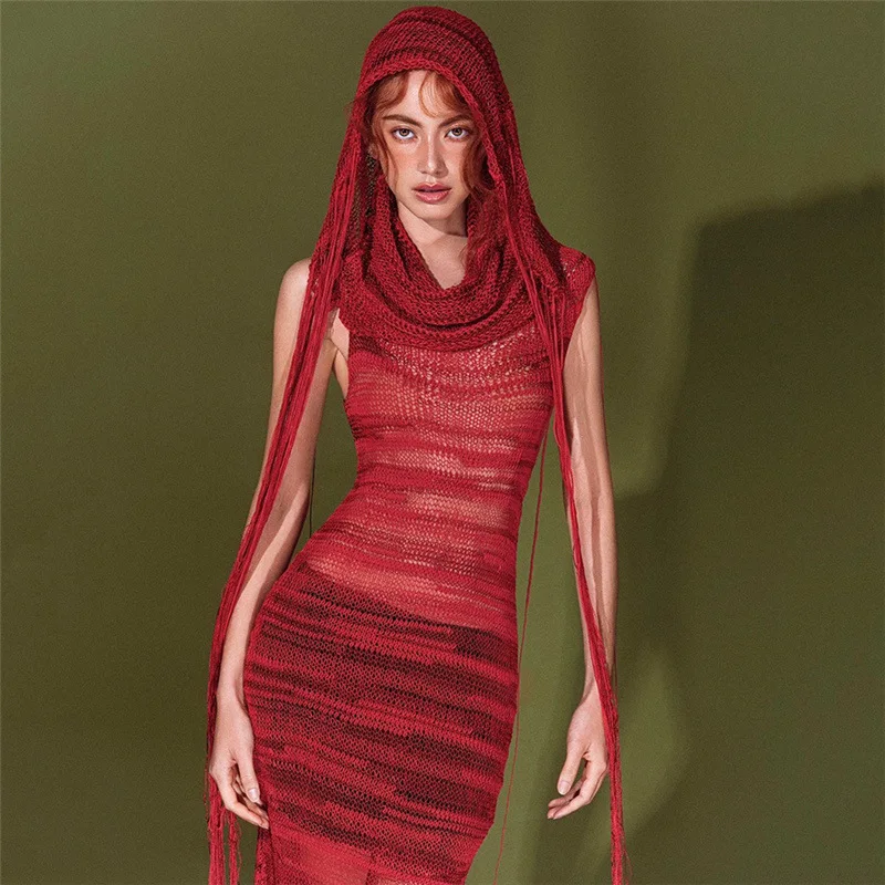 

Gtpdpllt Hooded Sleeveless Long Dresses Red Black See Through Knitted Dress Streetwear Y2k Clothing Sexy Festival Outfit Women