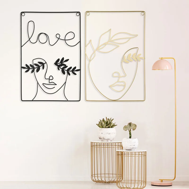 

Modern Metal Abstract Art Wall Decor Figure Woman Face Sculpture Handmade Black Gold Iron Line Ornament Aesthetic Room Decor