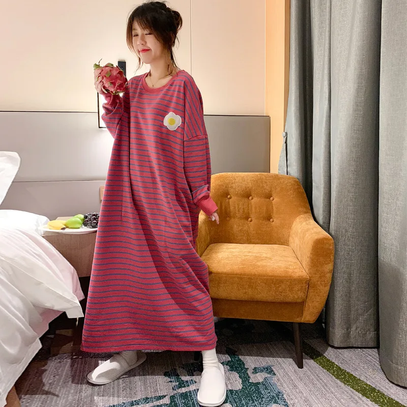 2023 Women Sleepwear Summer Clothing Night Dress Cute Long Sleeve Loose Striped Embroidery Cartoon Sleepshirts Pajamas