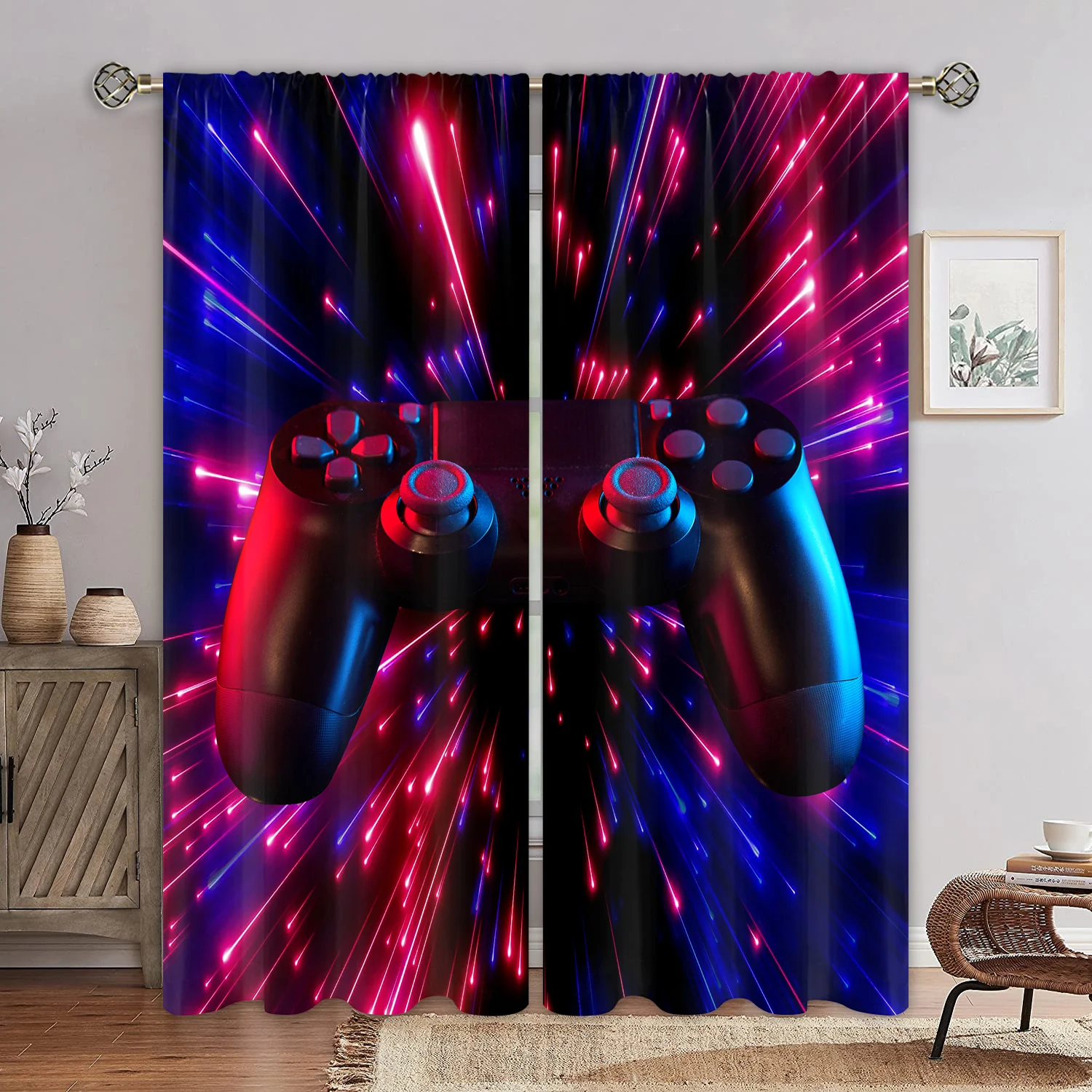 Cool Gaming Controller Curtains Lightning Pattern Drapes Blue Gamer Theme Living Room Bedroom Decor 2 Panels Set